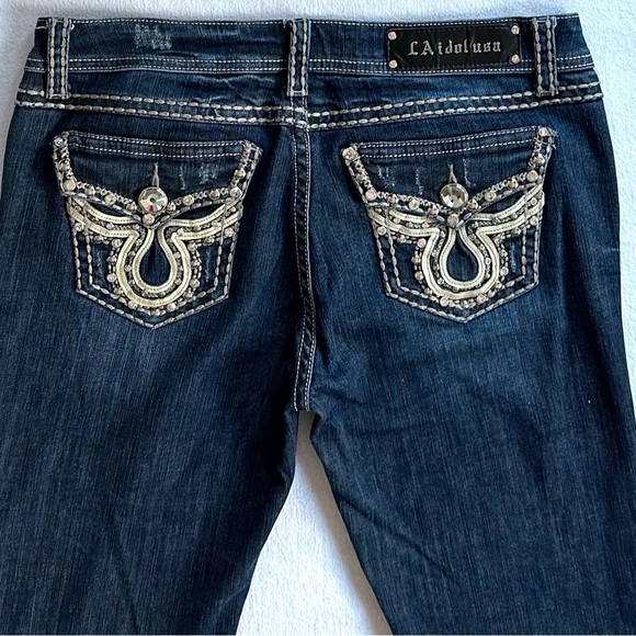 LA IDOL Y2K BOOTCUT BLING FLAP POCKET DISTRESSED RODEO FESTIVAL JEANS Sz11 33/34 - Picture 11 of 12